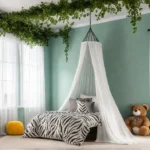 A vibrant playroom filled with lush greenery hanging vines and stuffed animalfeat