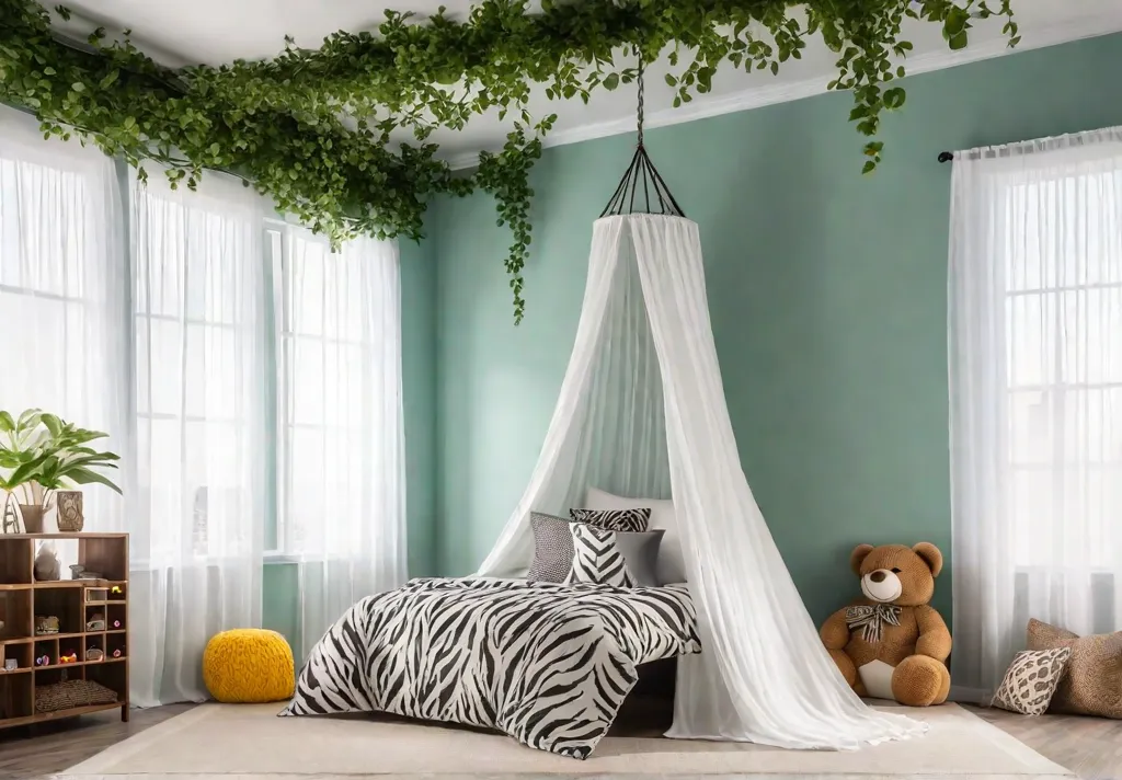 A vibrant playroom filled with lush greenery hanging vines and stuffed animalfeat