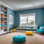 A vibrant playroom with soft plush carpeting in a cheerful color featuringfeat