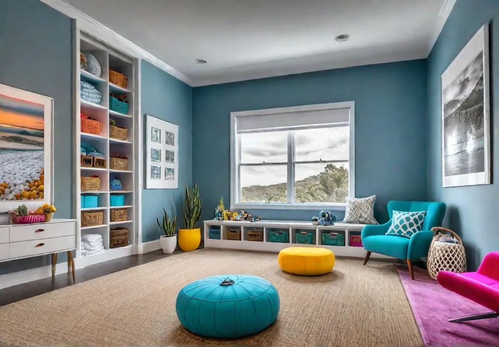 A vibrant playroom with soft plush carpeting in a cheerful color featuringfeat