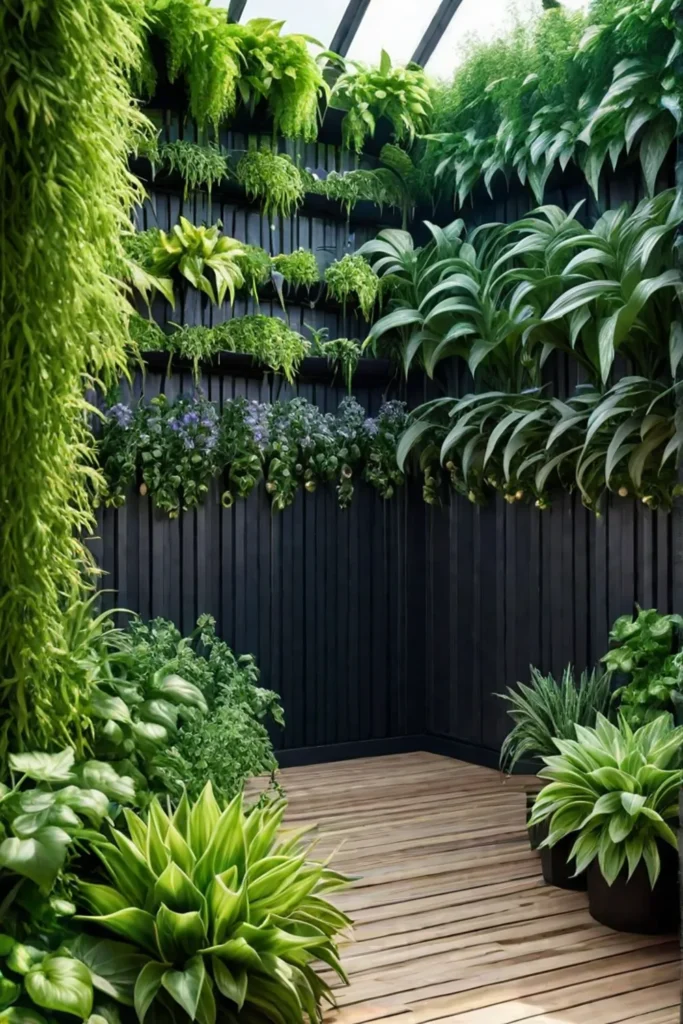 A vibrant vertical garden with various vegetables and herbs growing in a