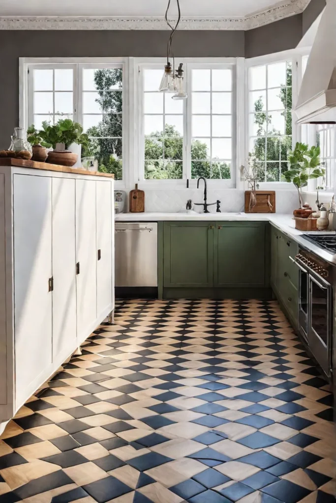 A vintagestyle kitchen with linoleum flooring capturing its durable and ecofriendly appeal
