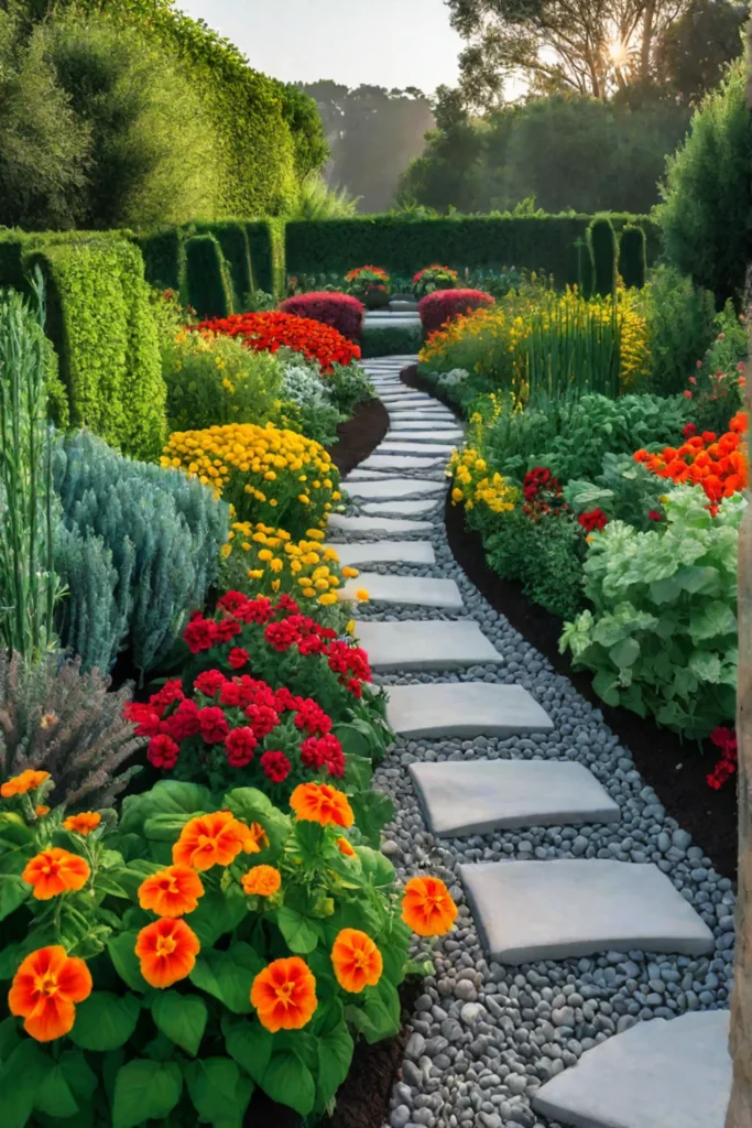 A visually striking vegetable garden showcasing a harmonious combination of tomatoes basil