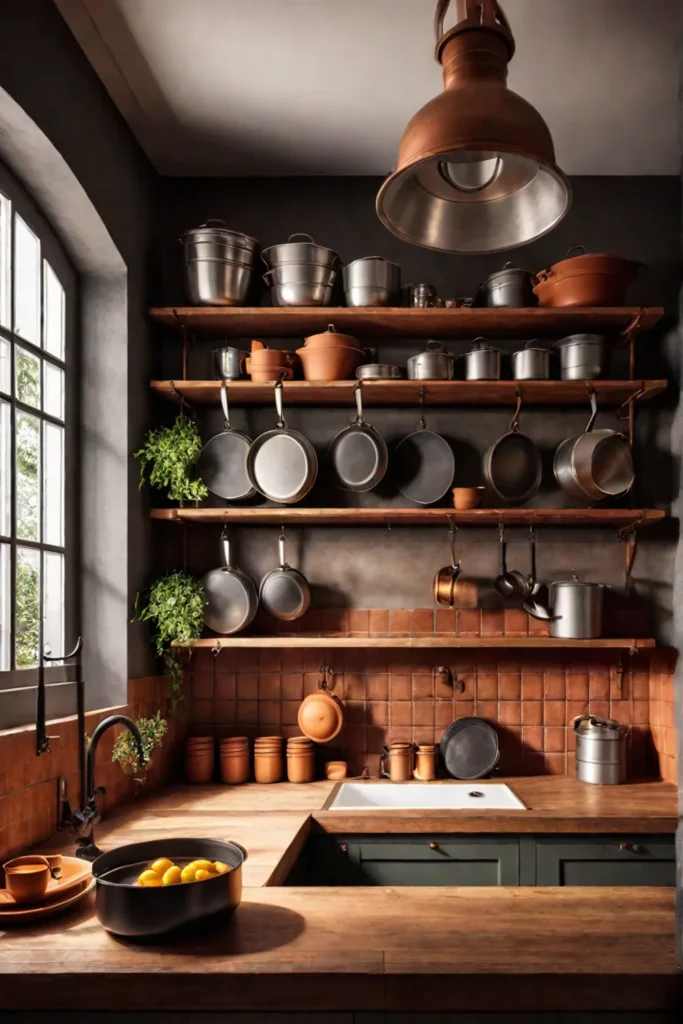 A warm and inviting kitchen with terracotta honey and copper accents