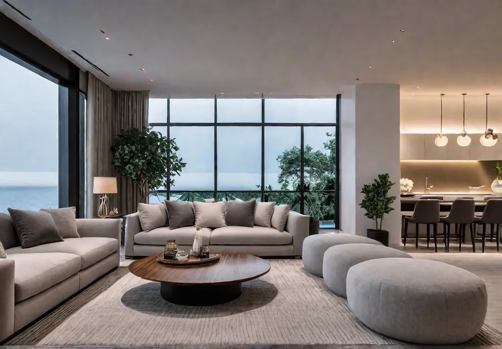 A warm and inviting living room with soft ambient lighting plush textilesfeat