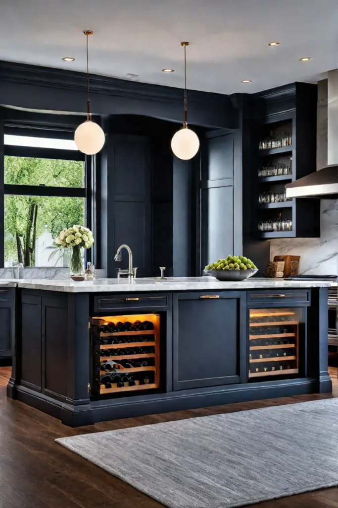 A welllit kitchen island with white marble countertop and dark wood base