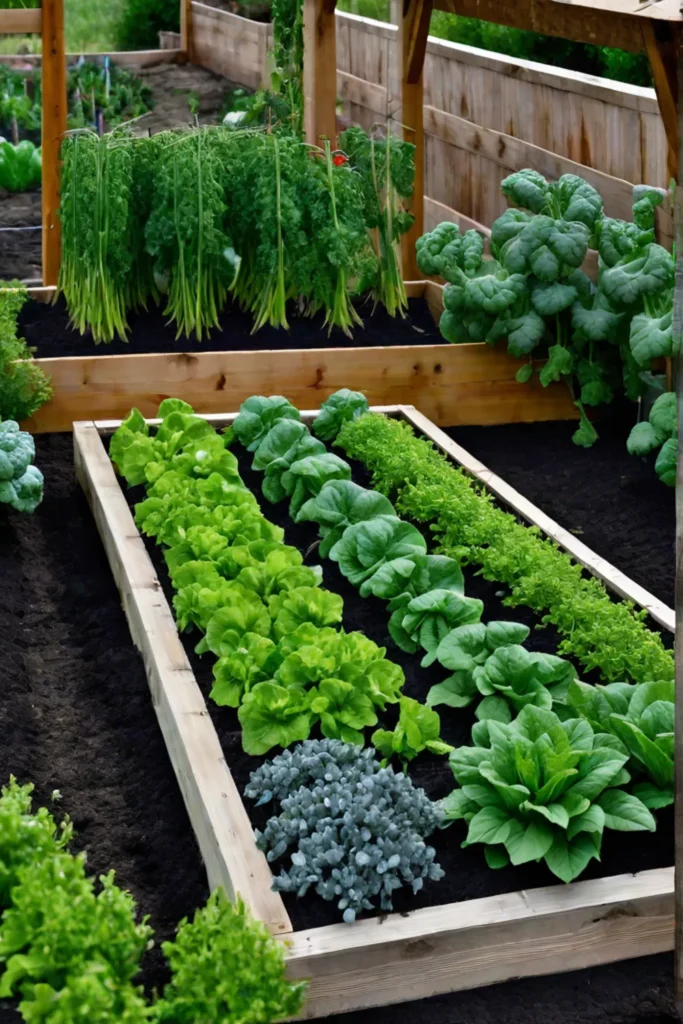 A wellorganized raised garden bed with a variety of vegetables and herbs