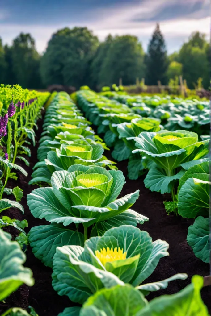 A wellorganized vegetable garden showcasing healthy cabbage family plants alongside the gentle