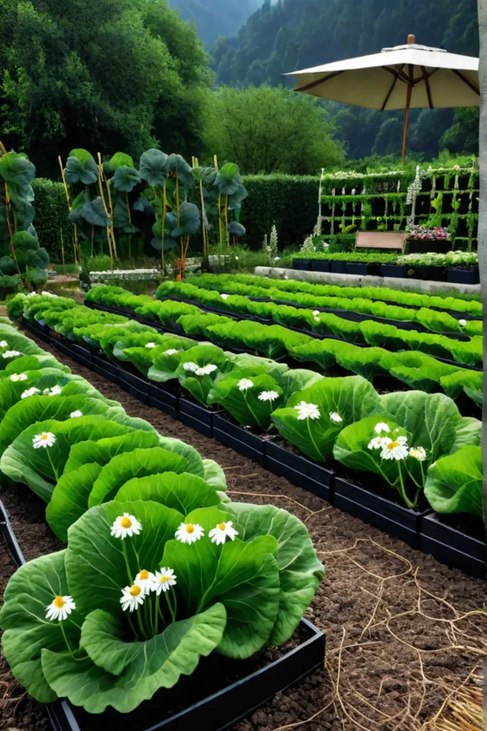 A wellorganized vegetable garden showcasing healthy cabbage family plants alongside the strategic