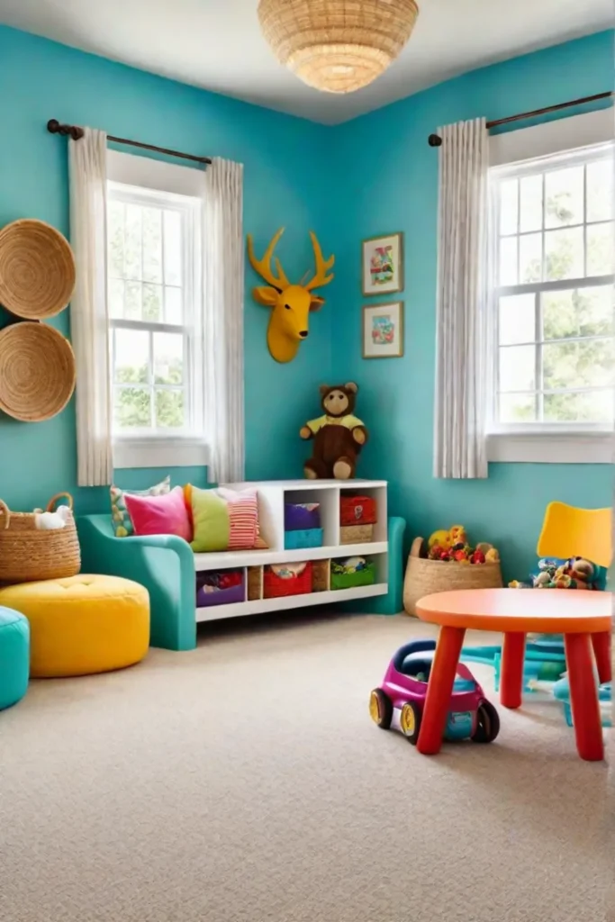A childfriendly playroom with safe flooring and furniture