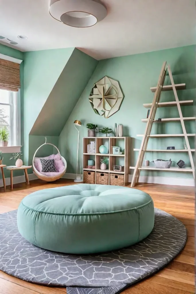 A serene and inviting playroom with pastel colors and natural materials