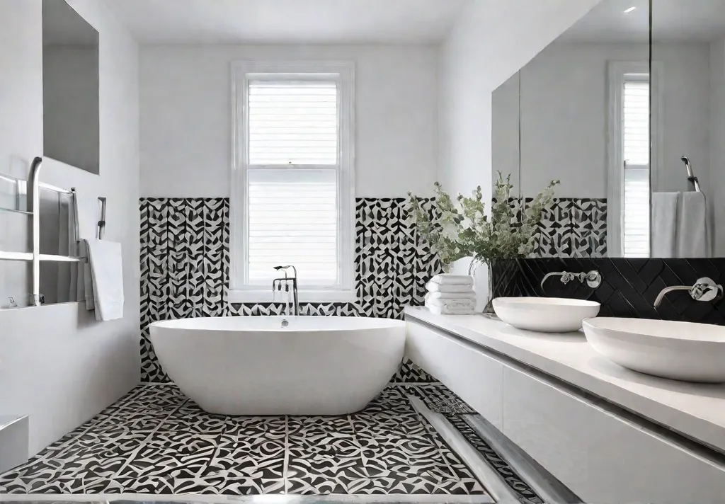 Abstract tile pattern creates a bold statement in a white bathroom withfeat