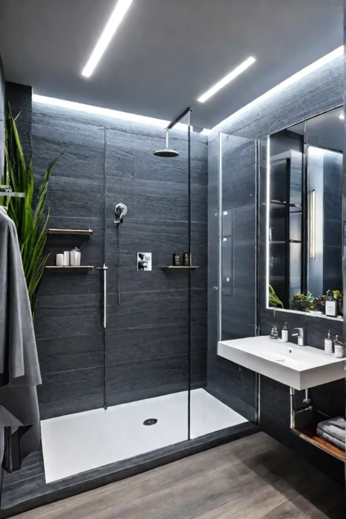 Accessible bathroom with rollin shower and grab bars