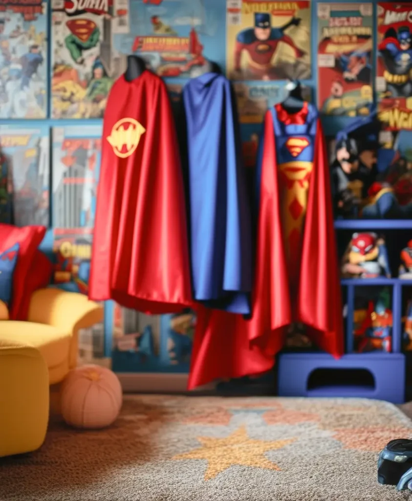 Action packed playroom design with comic book art and figurines