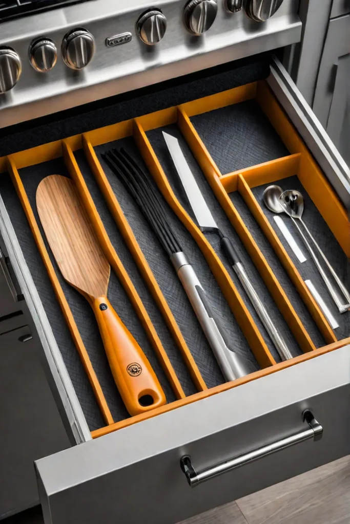 Adjustable drawer dividers being customized to accommodate various kitchen tools