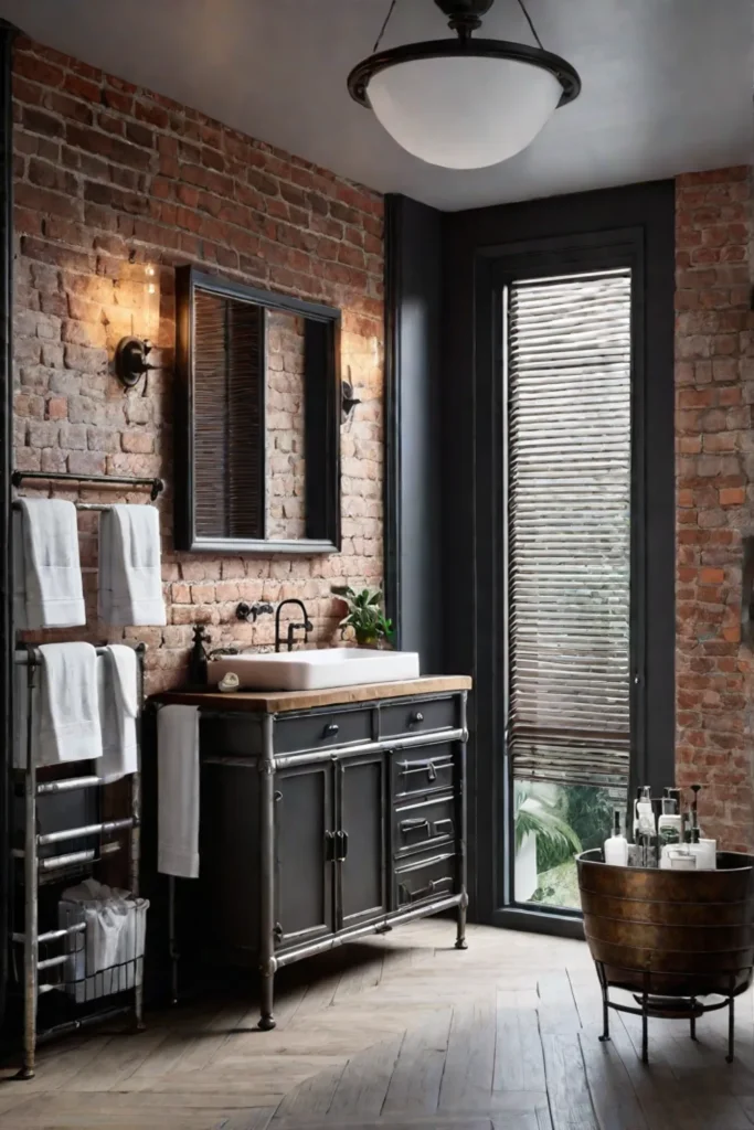 An industrial bathroom with exposed brick walls a repurposed metal cabinet vanity