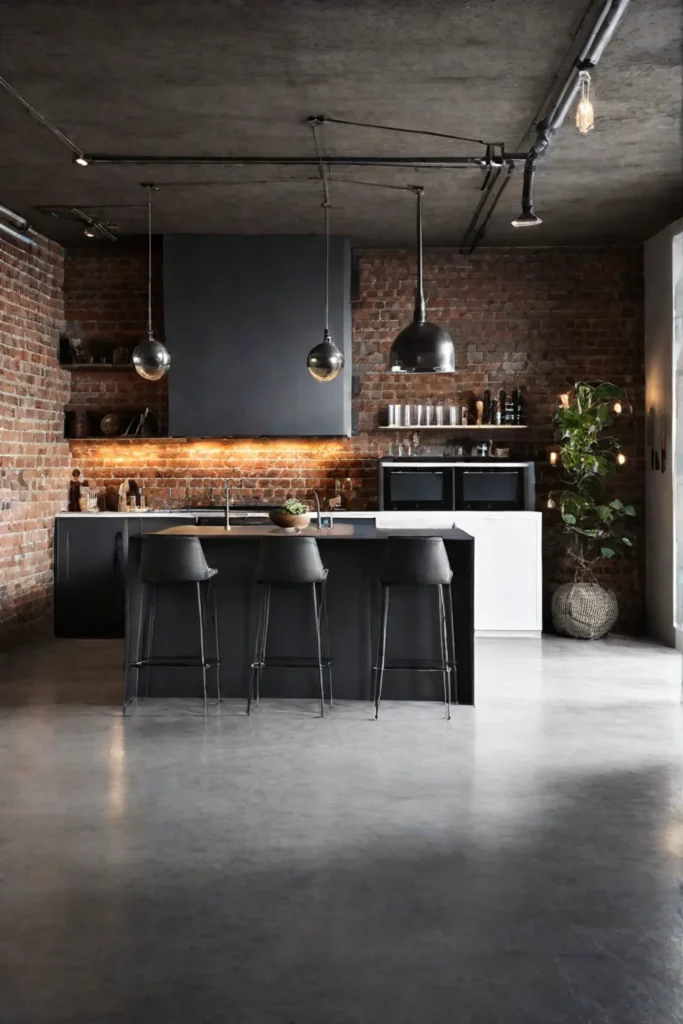 An industrialstyle kitchen with polished concrete flooring exposed brick walls and a