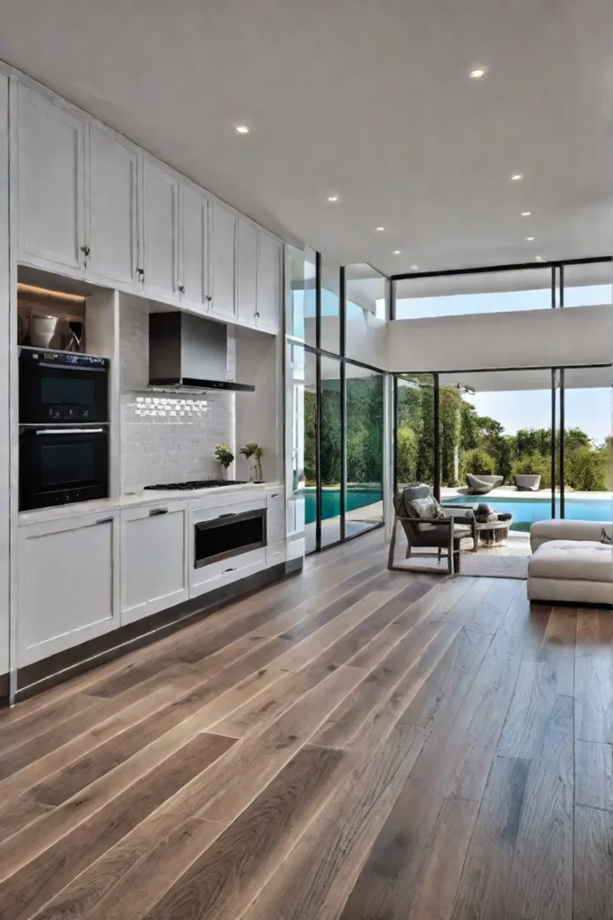 An openconcept kitchen with flooring defining separate zones within the open layout