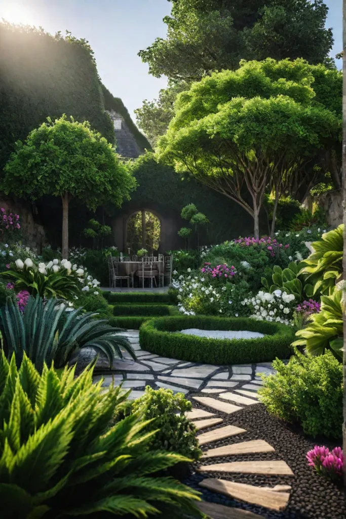 Backyard patio surrounded by lush greenery