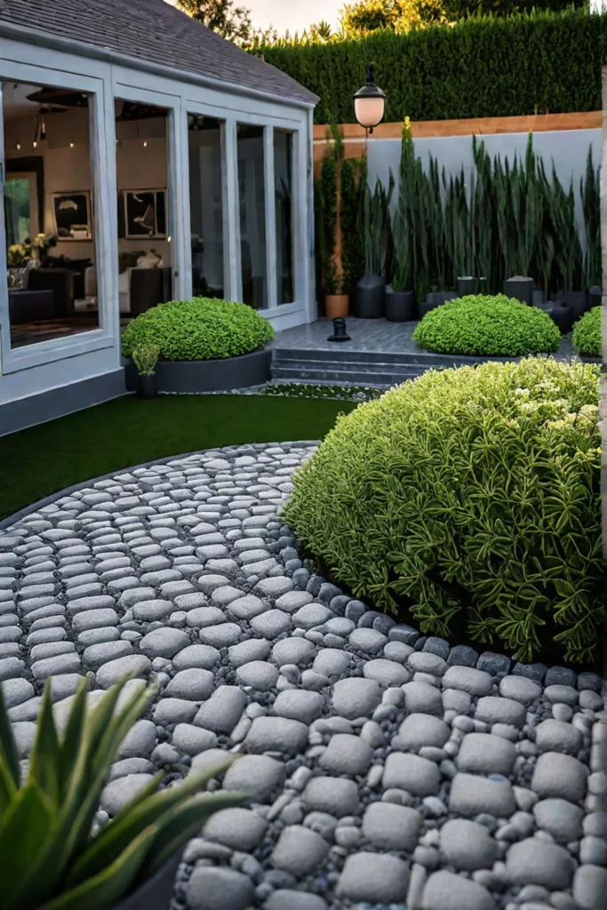Backyard patio with droughttolerant plants and permeable pavers