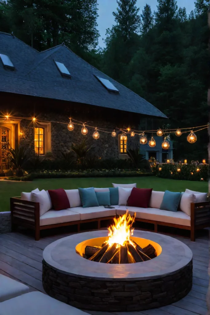 Backyard patio with firepit and lounge area
