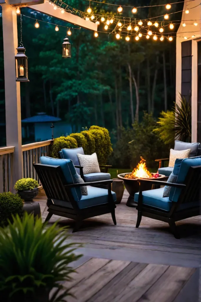 Backyard patio with lounge chairs and fire pit