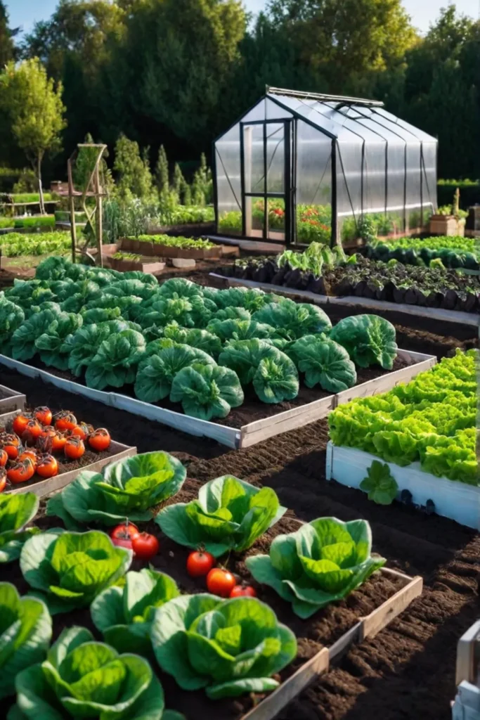 Backyard vegetable garden with greenhouse