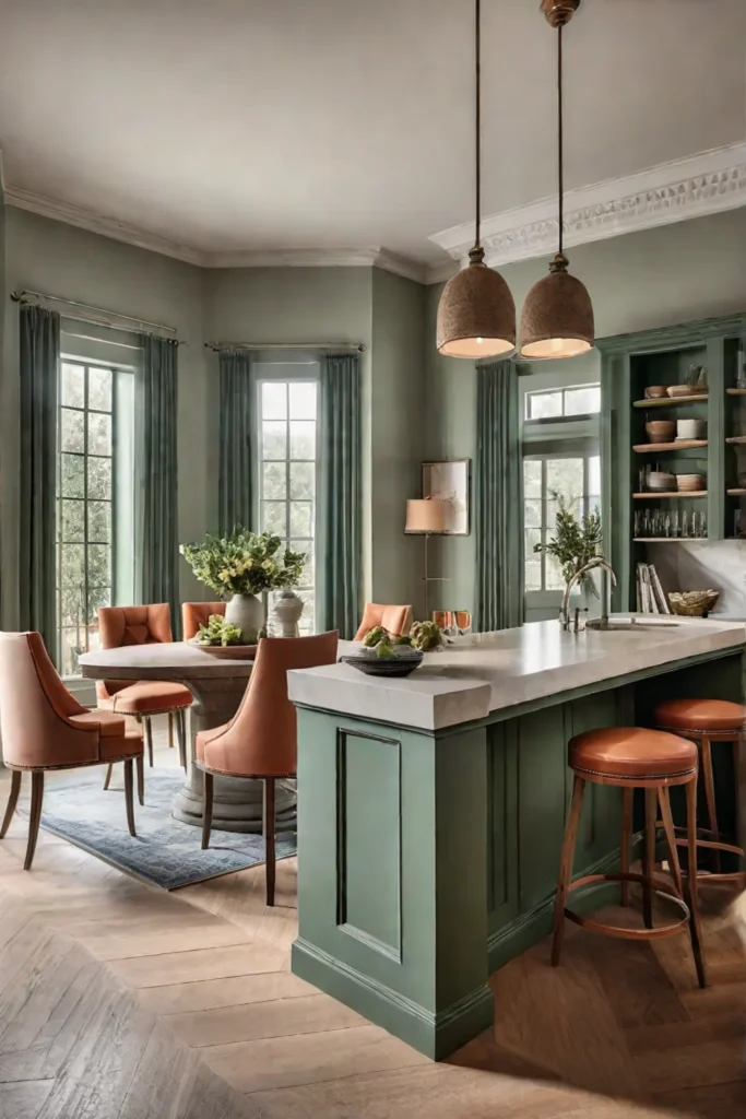 Balanced kitchen with sage green island terracotta bar stools and neutral beige