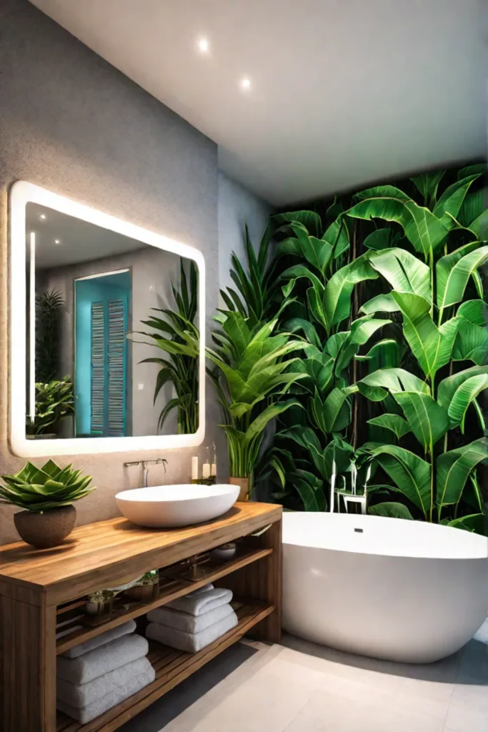 Bamboo and palm leaf wall art in a tropicalthemed bathroom