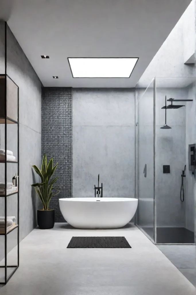 Bathroom with bamboo countertops lowflow showerhead and natural lighting