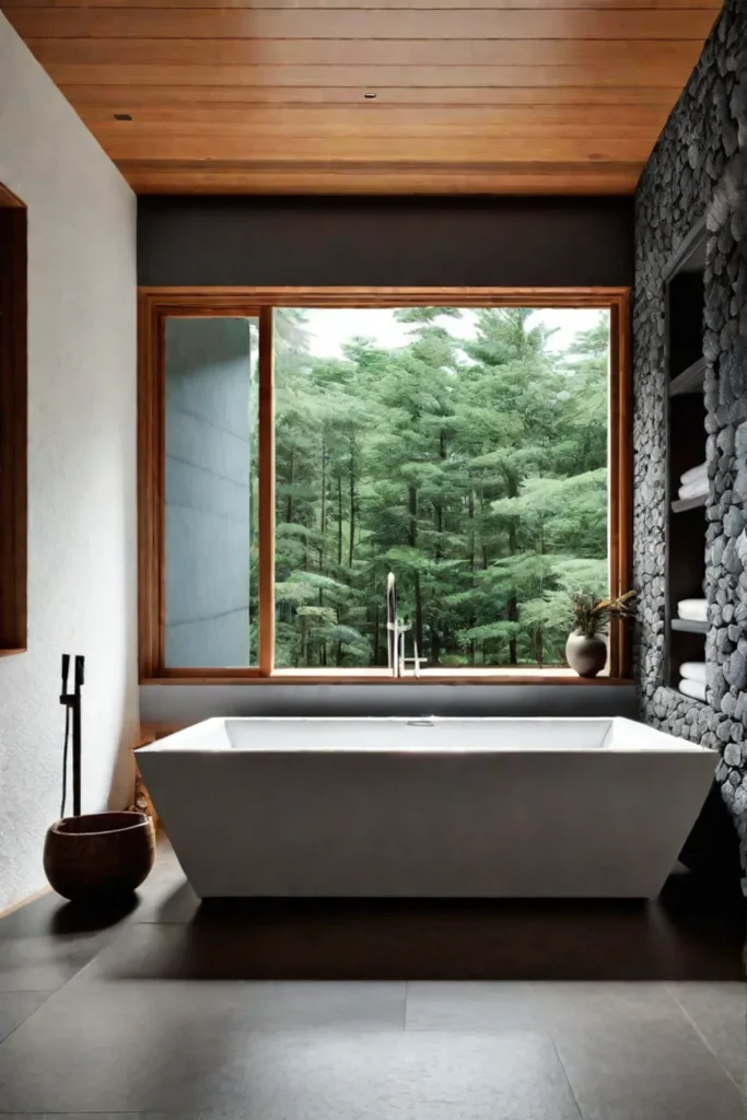 Bathroom with black and white geometric tiles a gold mirror and a