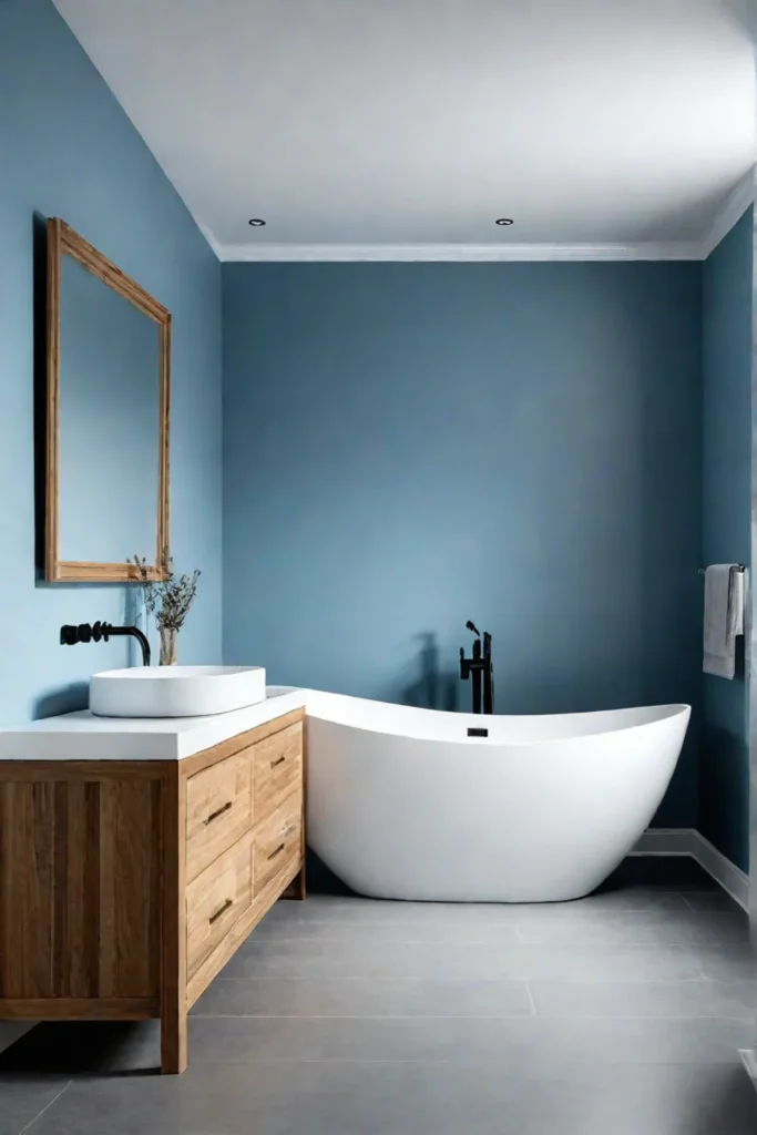 Bathroom with blue walls wooden vanity and a bathtub surrounded by candles