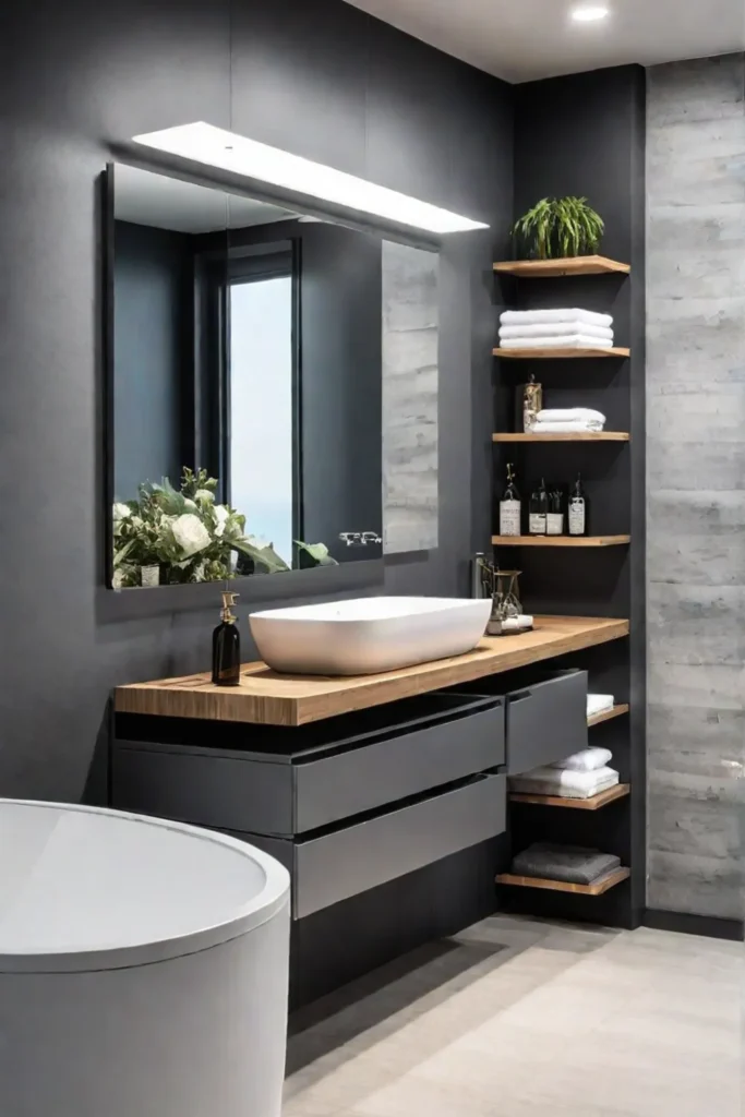 Bathroom with floating vanity and open shelving