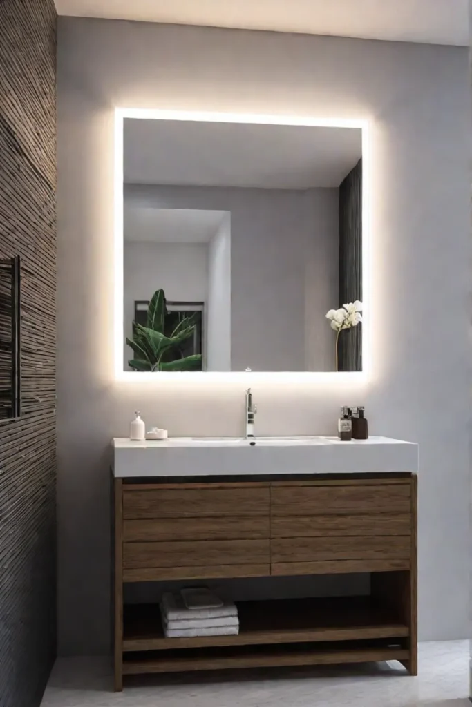 Bathroom with large mirror and vanity lighting