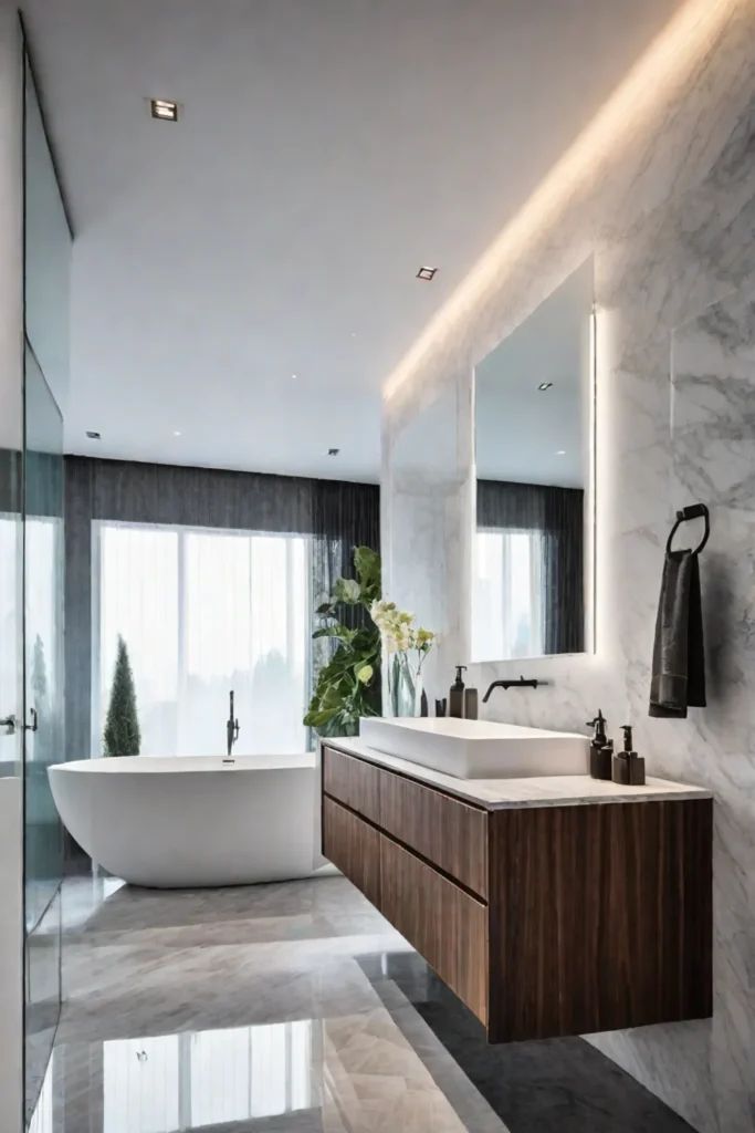 Bathroom with marble countertops sleek wooden cabinetry and glass shower enclosure