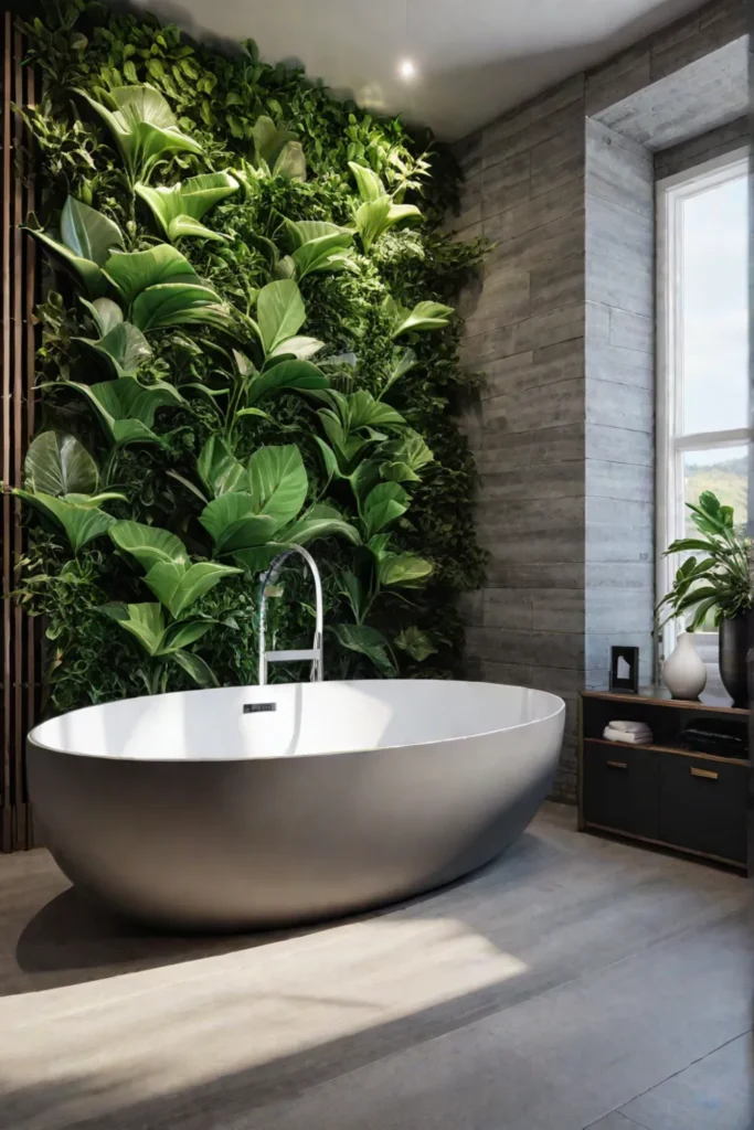Biophilic bathroom with plants and natural materials