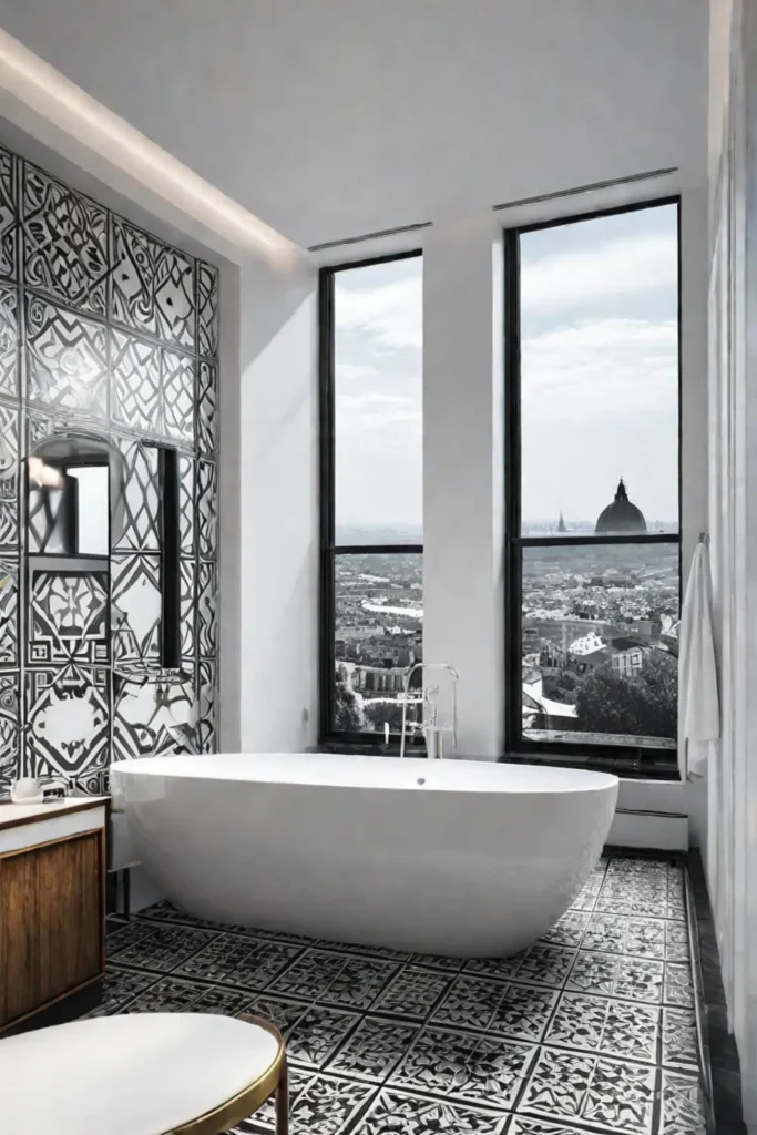Black and white cityscape photograph in a contemporary bathroom