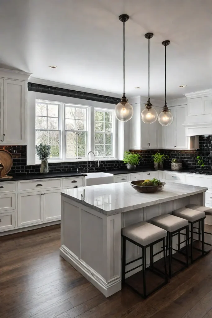 Black and white kitchen with modern pendant lights