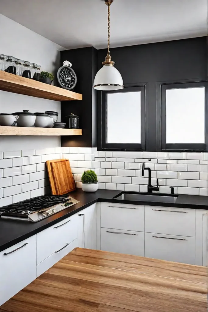 Black subway tile backsplash in a modern farmhouse kitchen