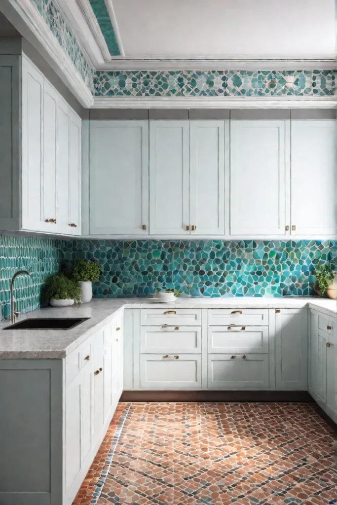 Blue and green mosaic tile backsplash in a Mediterranean kitchen