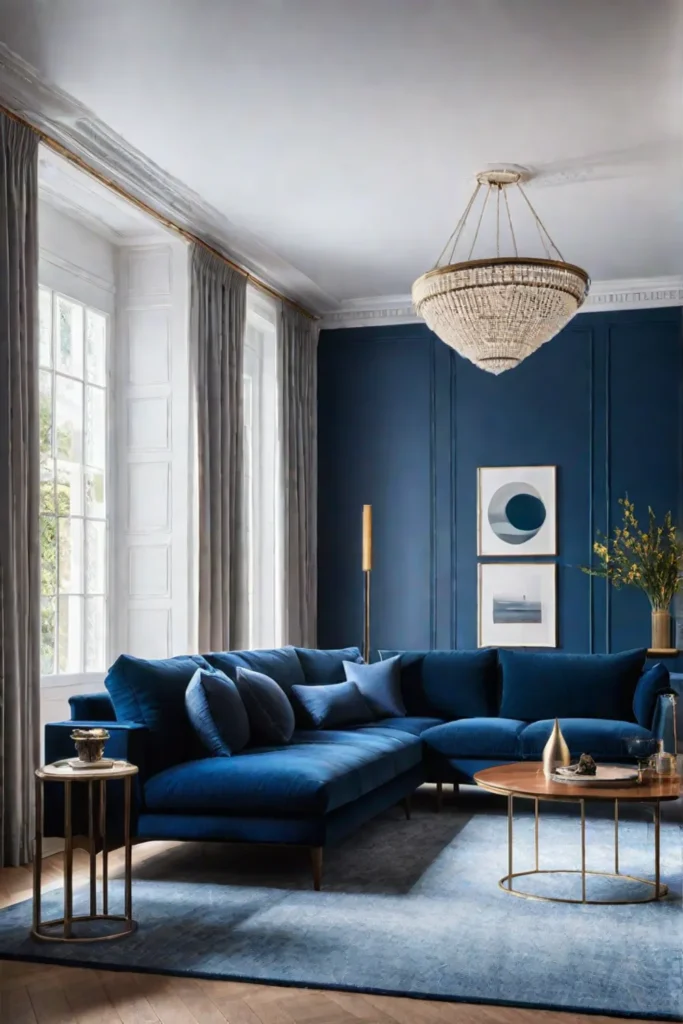 Blue corduroy sofa with boucle armchair and woven rug in a modern