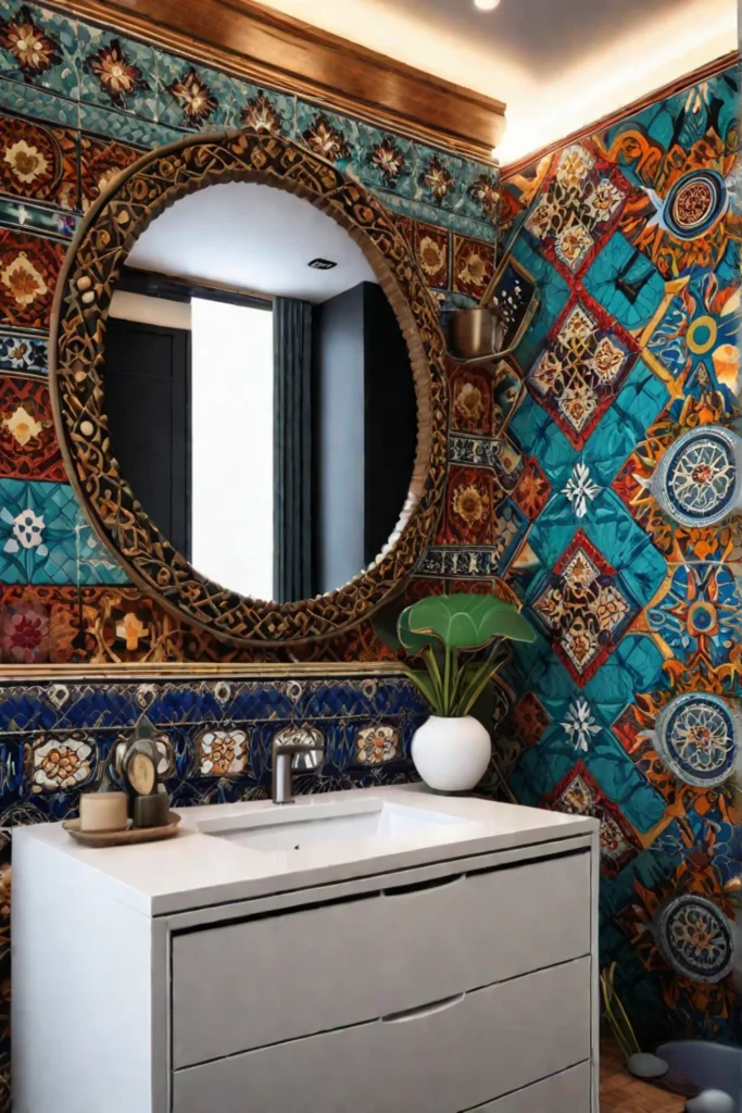 Bohemian bathroom with colorful tiles and patterned fabrics