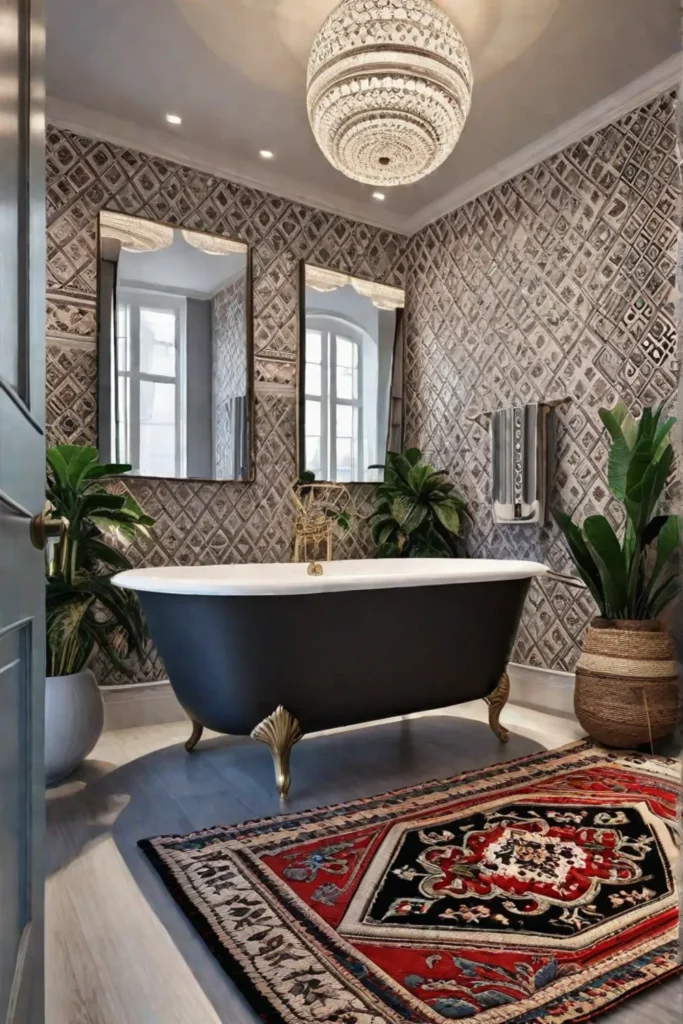 Bohemian bathroom with ethnic tiles and macrame mirror