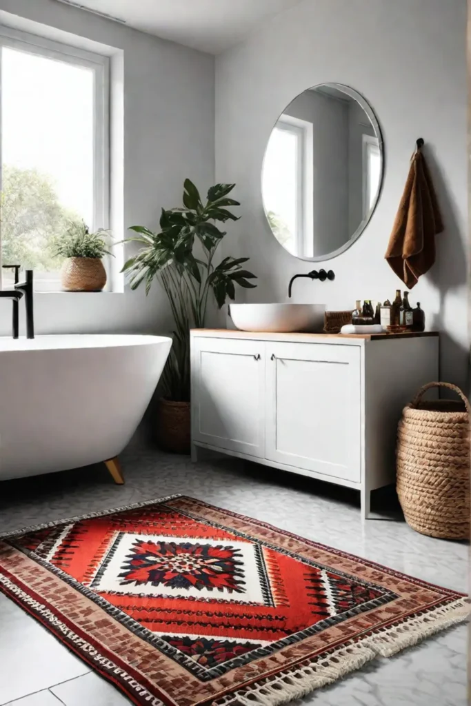 Bohemian bathroom with patterned tile floor and macrame mirror