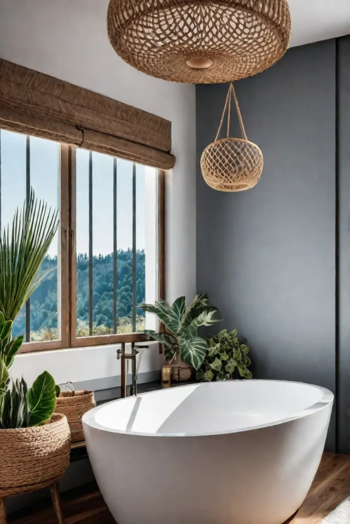 Bohemian bathroom with woven baskets on the wall