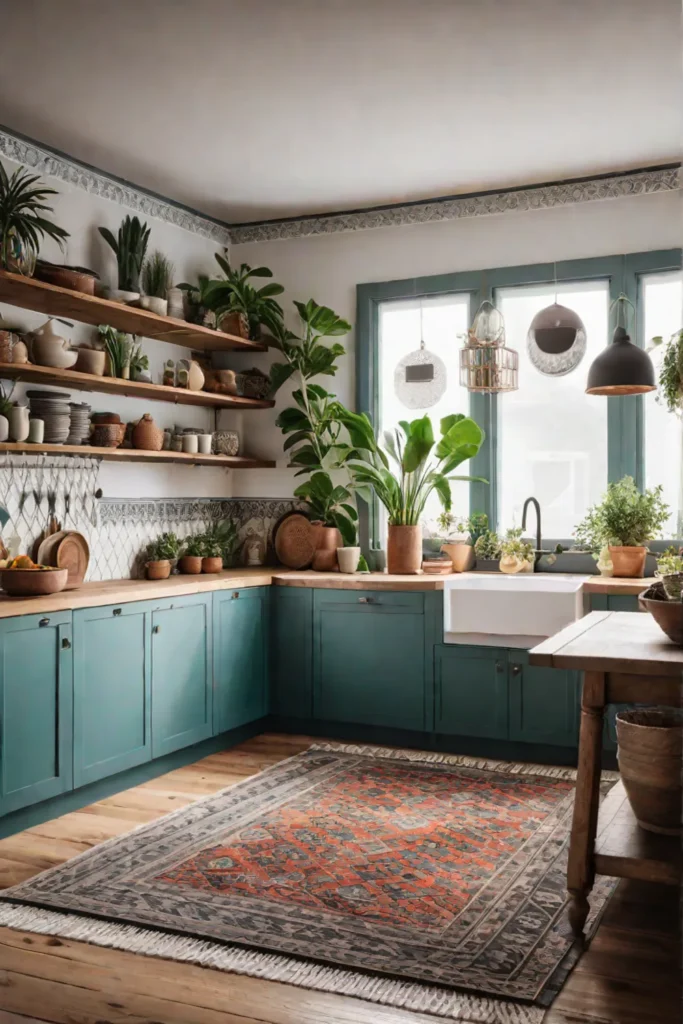 Bohemian kitchen with patterned tiles and eclectic decor