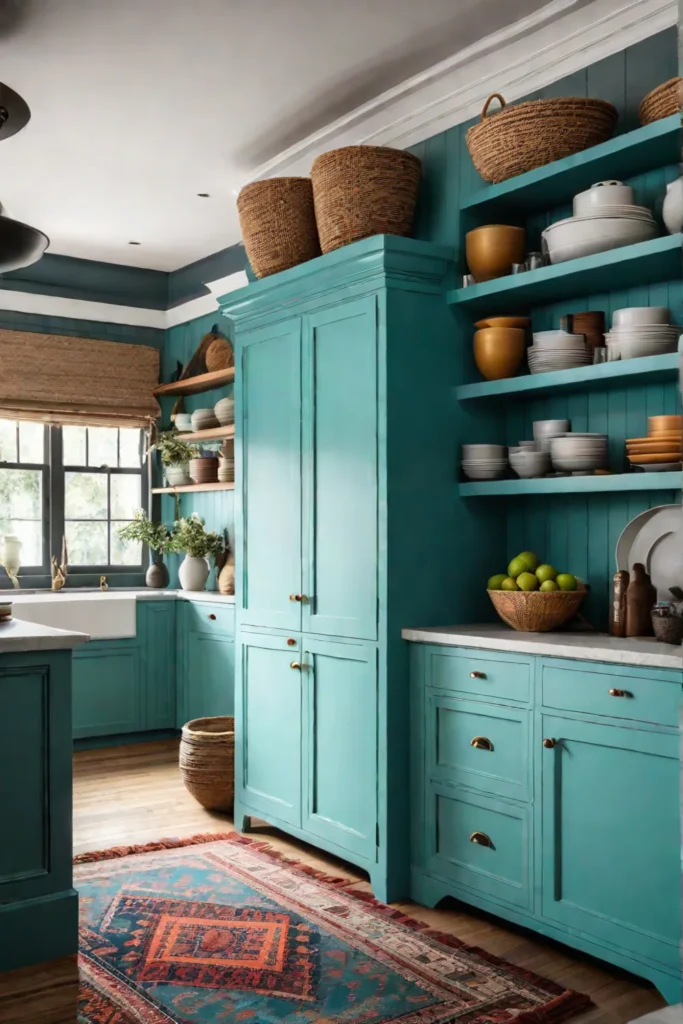 Bohemian kitchen with turquoise cabinets open shelving and colorful decor