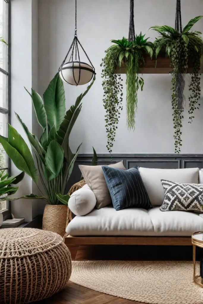 Bohemian living room with floor cushions macrame and plants