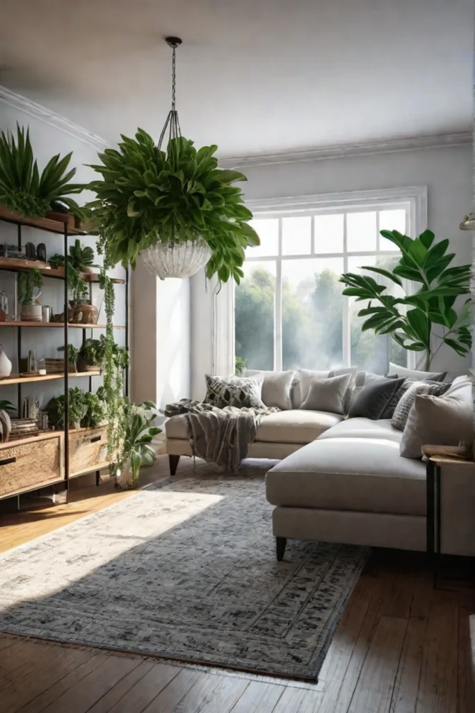 Bohemian living room with layered textiles eclectic furniture and plants