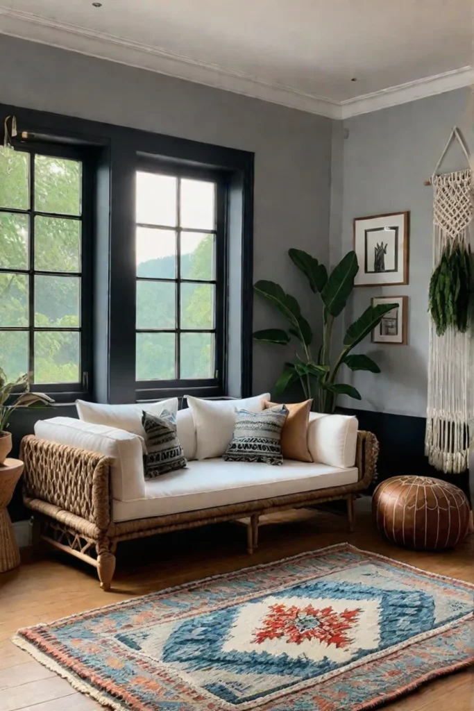 Bohemian living room with macrame wall hanging and organic cotton floor cushions